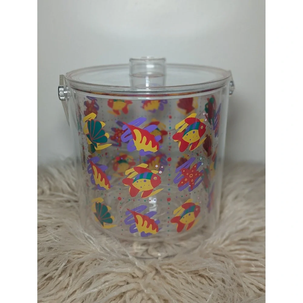 Vintage 90s Clear Ice Bucket Tropical Fish Retro Beach Party With‎ Lid